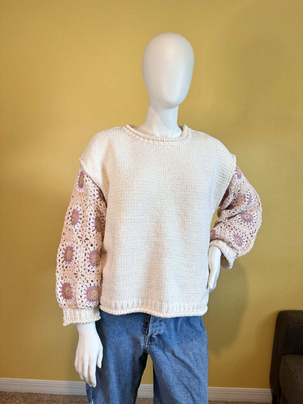 POL Floral Granny Square Sleeve Sweater Medium Cream Boho Cottagecore Chenille K